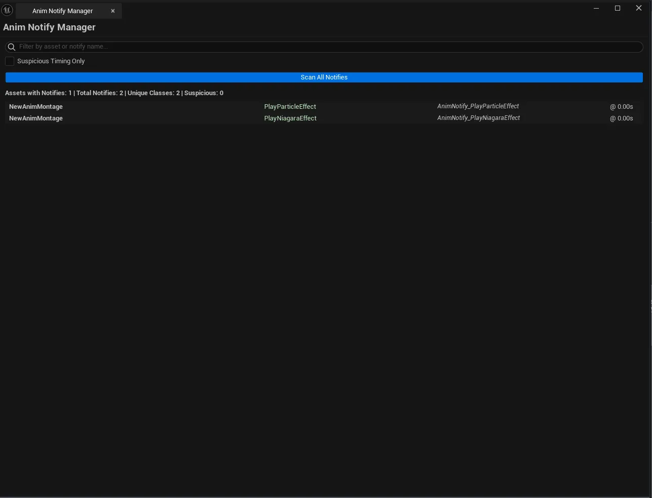 Tool open after a project-wide scan, detail list showing notifies grouped by class, suspicious-timing rows highlighted.