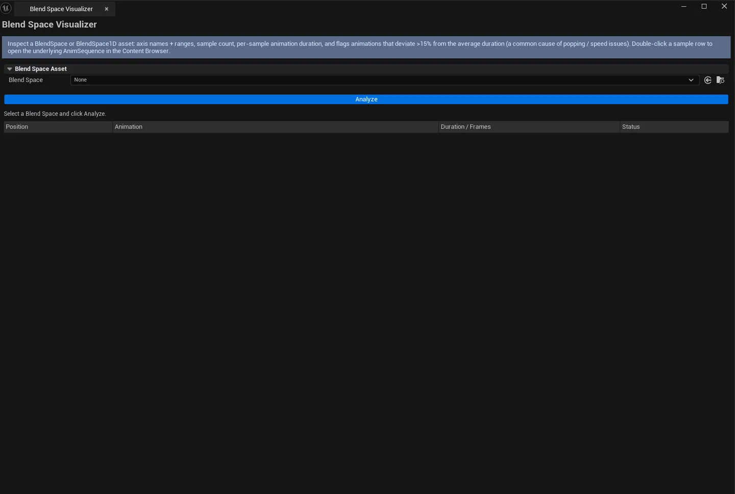 Tool open with a 2D BlendSpace loaded, sample list populated, axis labels and ranges visible, summary line showing empty-sample count.