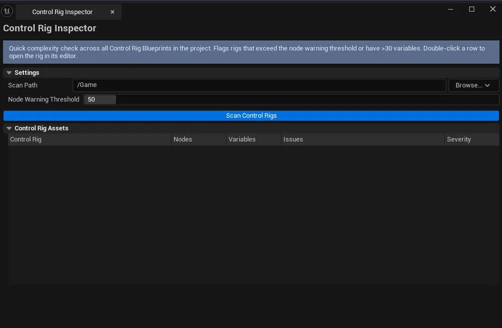 Tool open after a scan, results list with mixed severities (OK / Warning / Critical), node and variable counts visible.