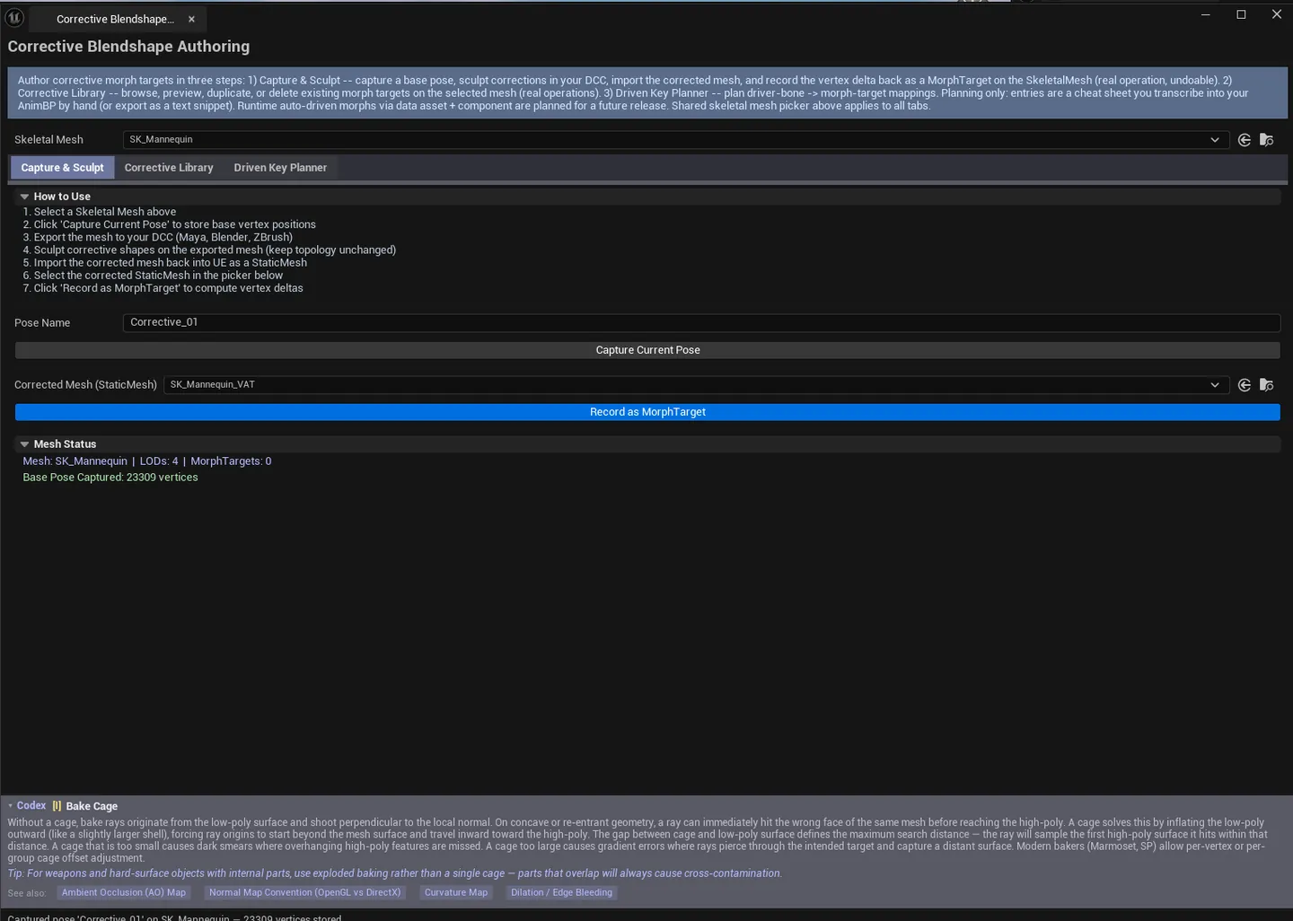 Tab 1 with all fields filled in, Stats block showing "captured vertex count: 12345", Record Morph Target button highlighted.