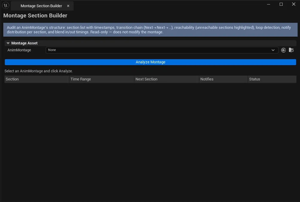 Tool open with a multi-section combo montage loaded, section list populated, chain string visible, issues block highlighting one broken link.