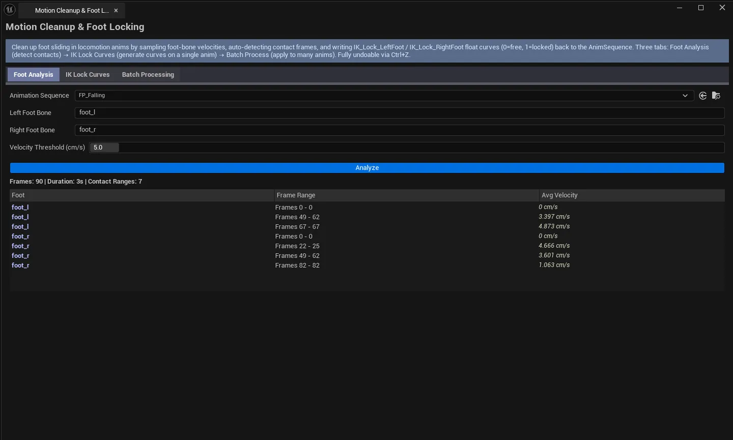Walk cycle loaded, contact ranges list showing alternating left/right contacts, stats line summarizing detection.