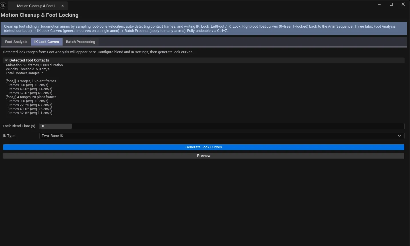 List of 8–10 walk/run cycles, mixed include/exclude checkboxes, Process All button visible.