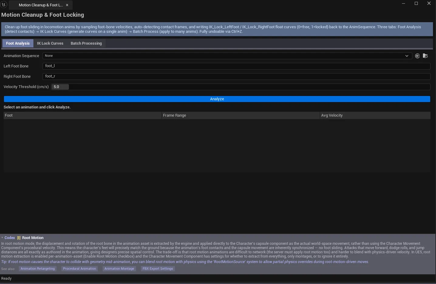 Tool open on Foot Analysis tab with a walk cycle loaded, contact ranges list populated, stats showing "X contacts detected".