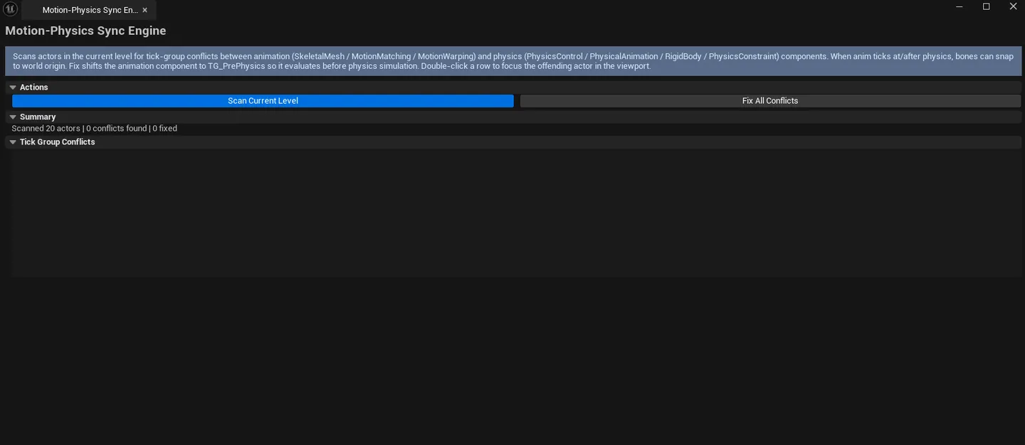 Tool open with conflicts list populated, Fix All button visible, summary line showing "X conflicts found, Y fixed".