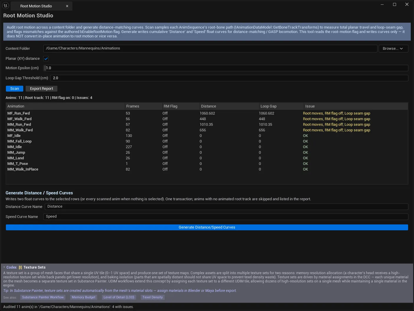 Root Motion Studio after scanning the Mannequin locomotion folder: 11 animations audited, 4 flagged 'Root moves, RM flag off; Loop seam gap' with their measured planar distance and loop gap, the in-place clips reporting OK.