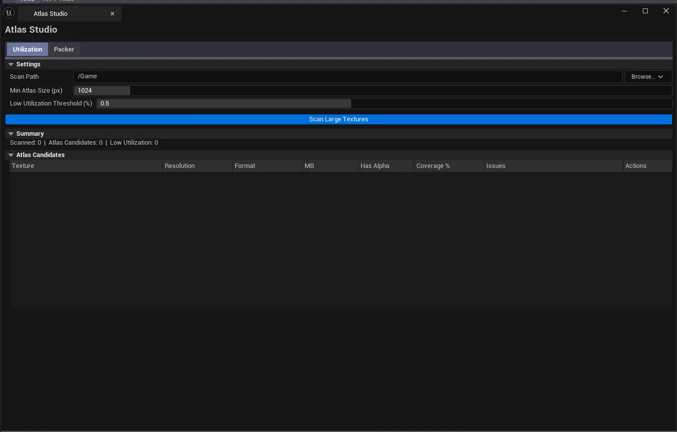 Studio open on Utilization tab with a sprite atlas analyzed, showing alpha coverage percentage and waste regions.