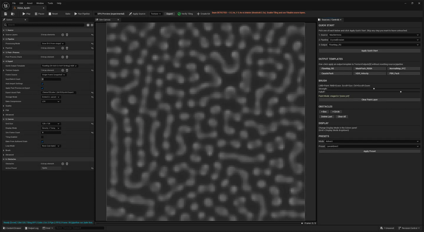 The asset editor after a Grow (reaction-diffusion) pipeline run on a 128x128 canvas, the exported FlowMap output configured and the seam check reporting on the toolbar.