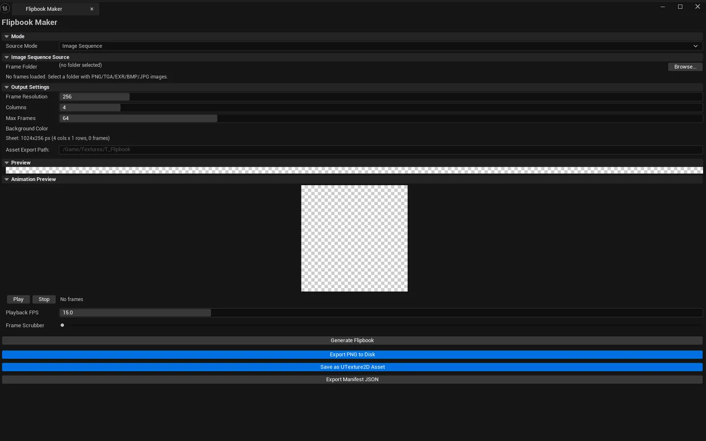 Tool open with a SkeletalCapture run completed, sprite sheet preview visible on the right, animated playback running.