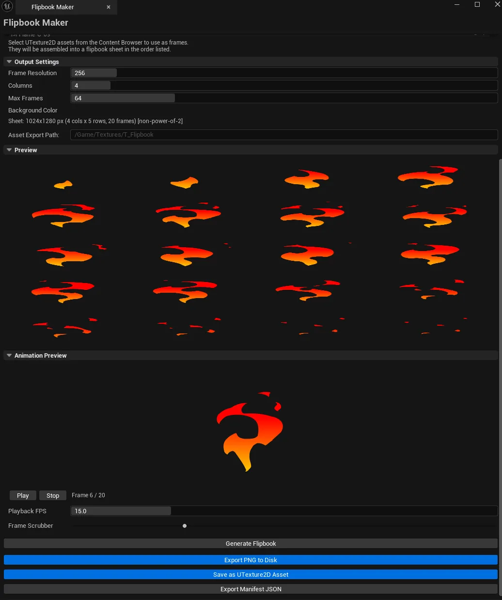 Tool with a sprite sheet generated, animation preview playing at 15 FPS, scrubber visible.