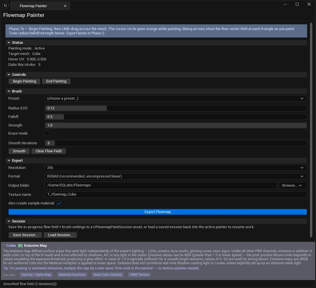 Flowmap Painter mid-session: Status showing painting active with the hovered UV and dab count, Brush settings, the Export section with format and resolution, and Session save/load.