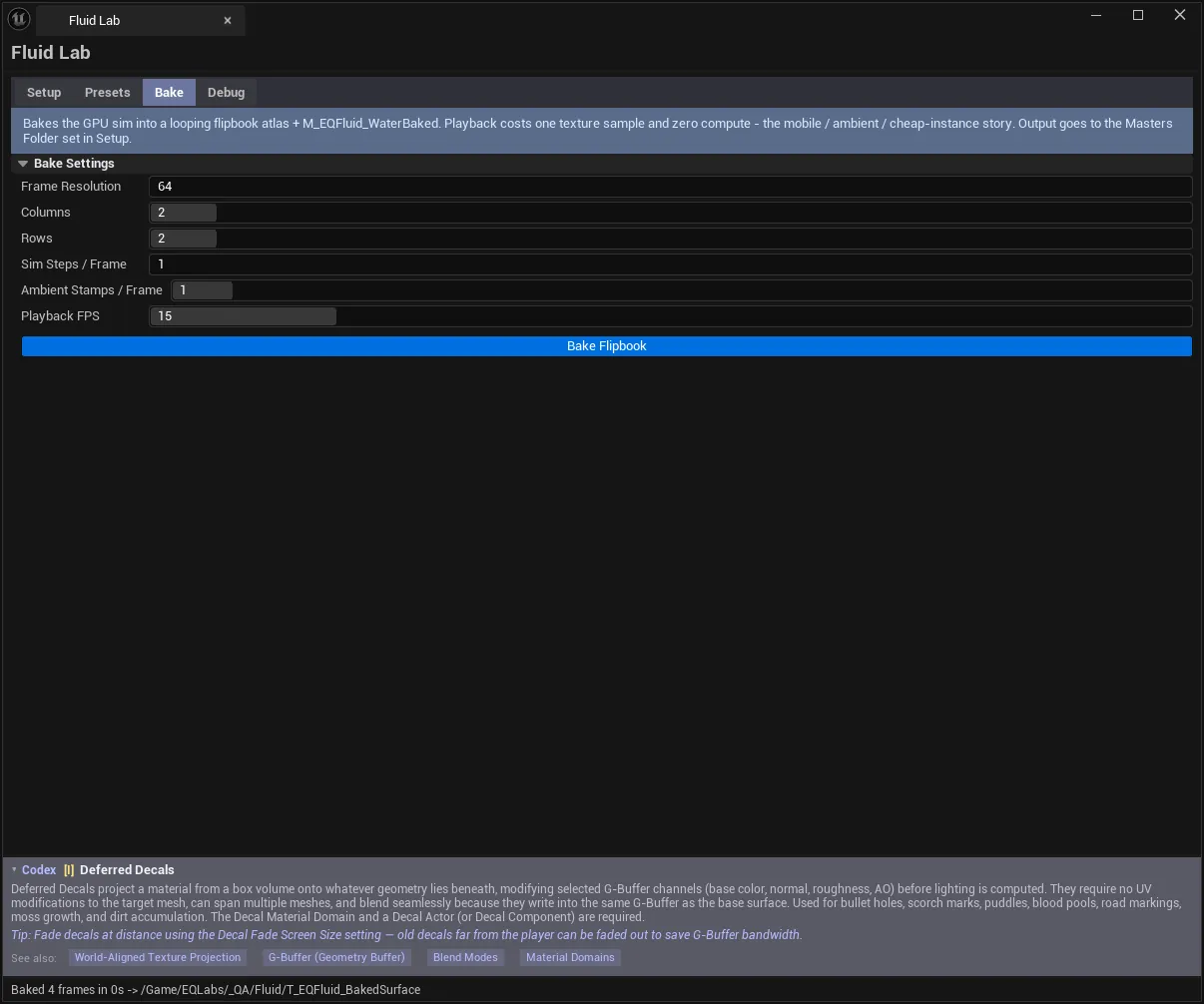 Fluid Lab Bake tab: frame resolution, atlas columns and rows, sim steps and ambient stamps per frame, playback FPS, and a status line reporting the baked frame count and output path.