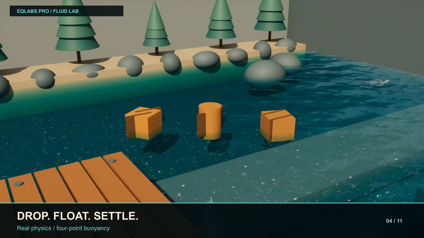 Crates and a barrel given Add Buoyancy: dropped in, they float and settle on four-point buoyancy.