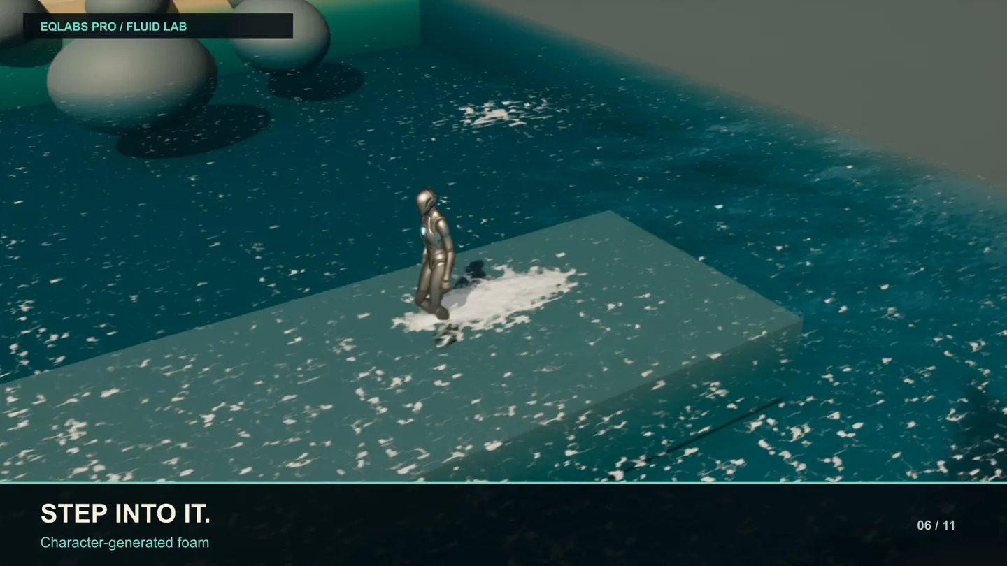 A character with a ripple injector, leaving foam on the surface as it walks.