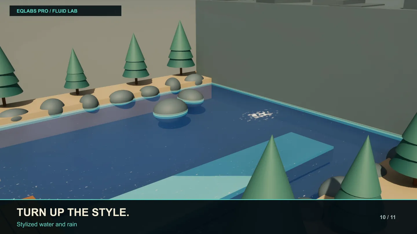 The same pond with the Stylized look and rain.