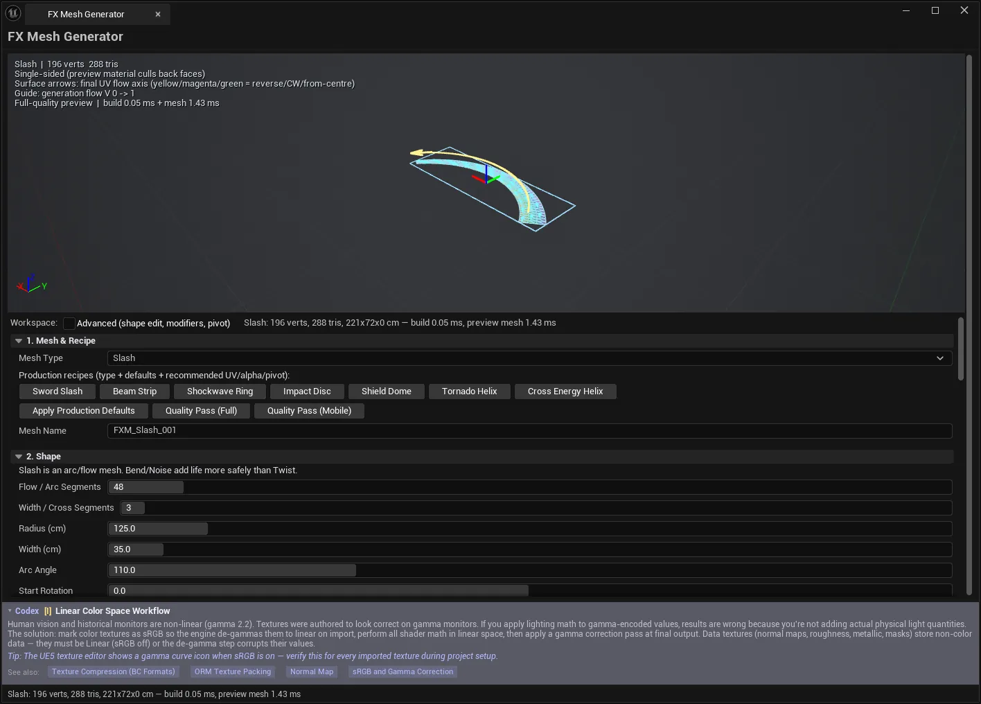 FX Mesh Generator previewing a Sword Slash in UV Flow mode, surface arrows showing the baked flow axis, with the seven production recipes and the Shape section below.