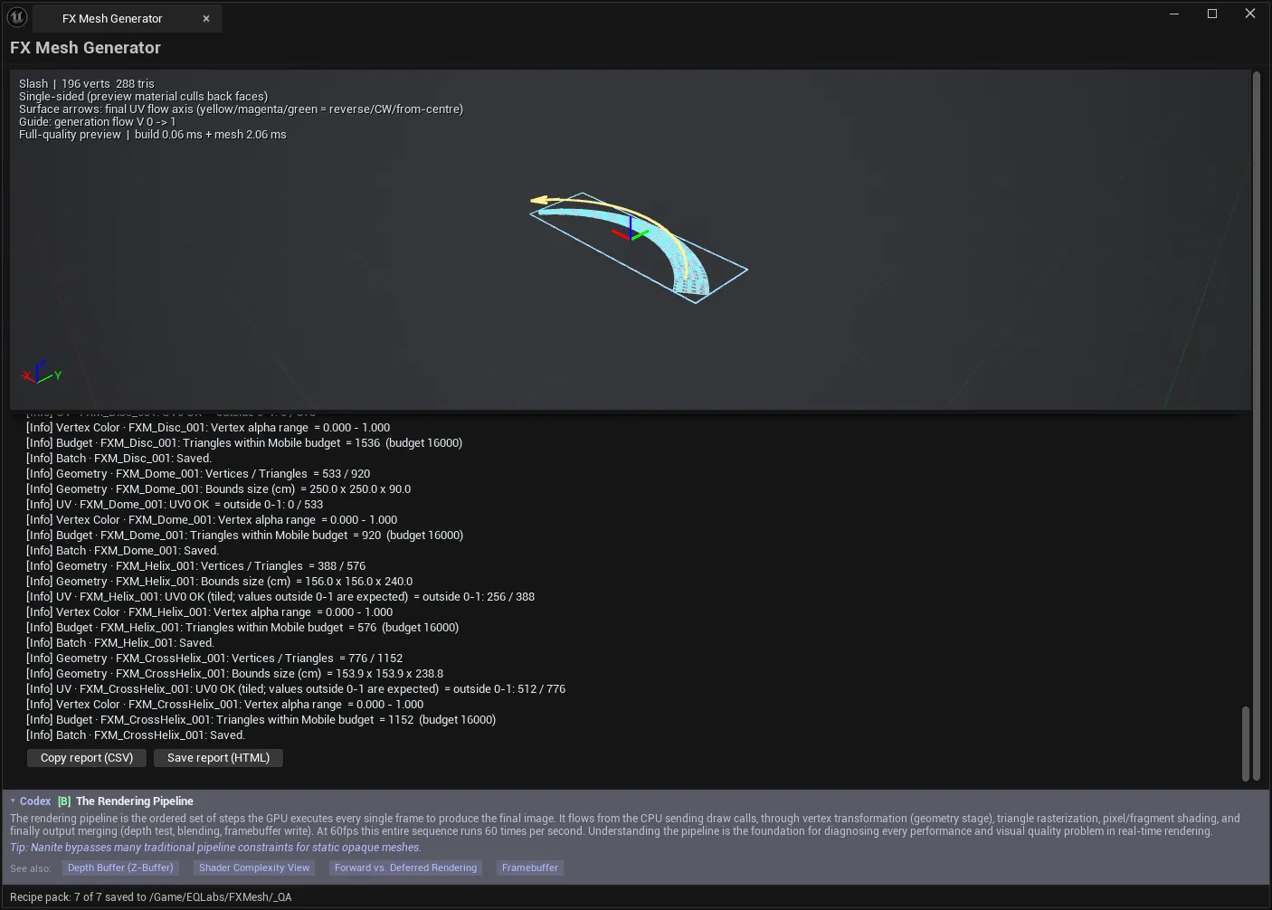 FX Mesh Generator after Batch: all seven recipes saved, with a per-mesh validation report listing geometry, UV, vertex-alpha range and mobile triangle budget for each, plus CSV and HTML export buttons.