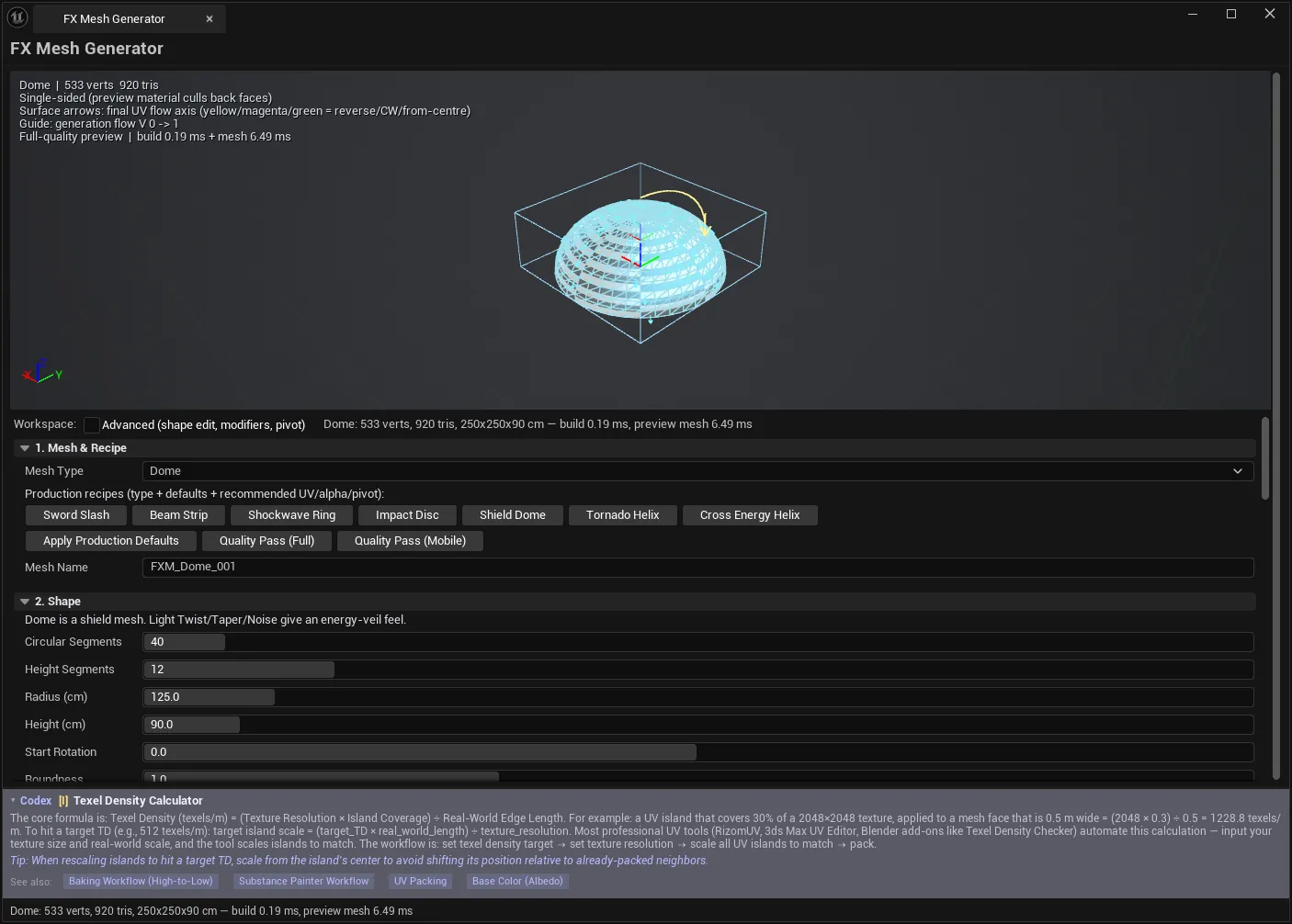 A shield dome recipe under the UV checker, with its alpha preview.