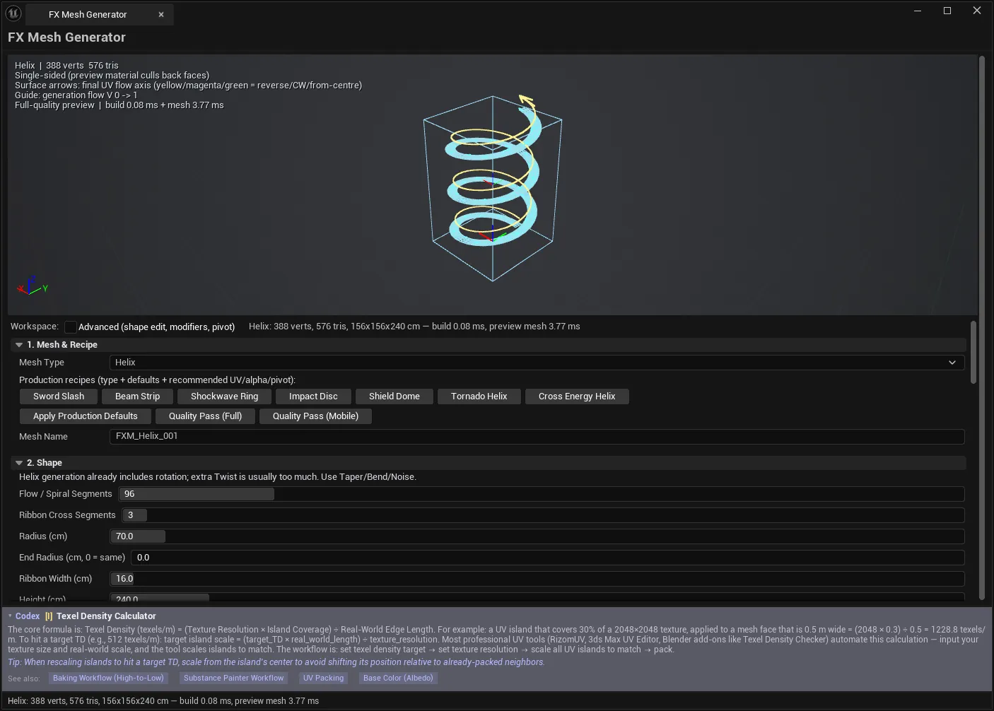 A tornado helix recipe previewed with its UV flow and alpha before it is validated and saved.