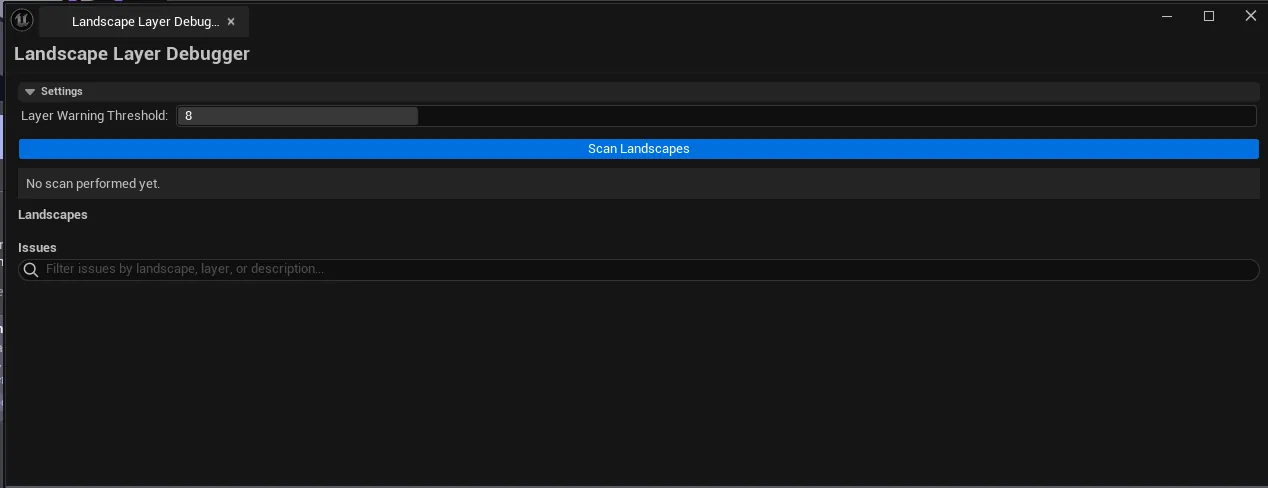 Debugger open with a multi-layer landscape selected, landscape list on the left with component/layer counts, issues list on the right showing mixed severities.