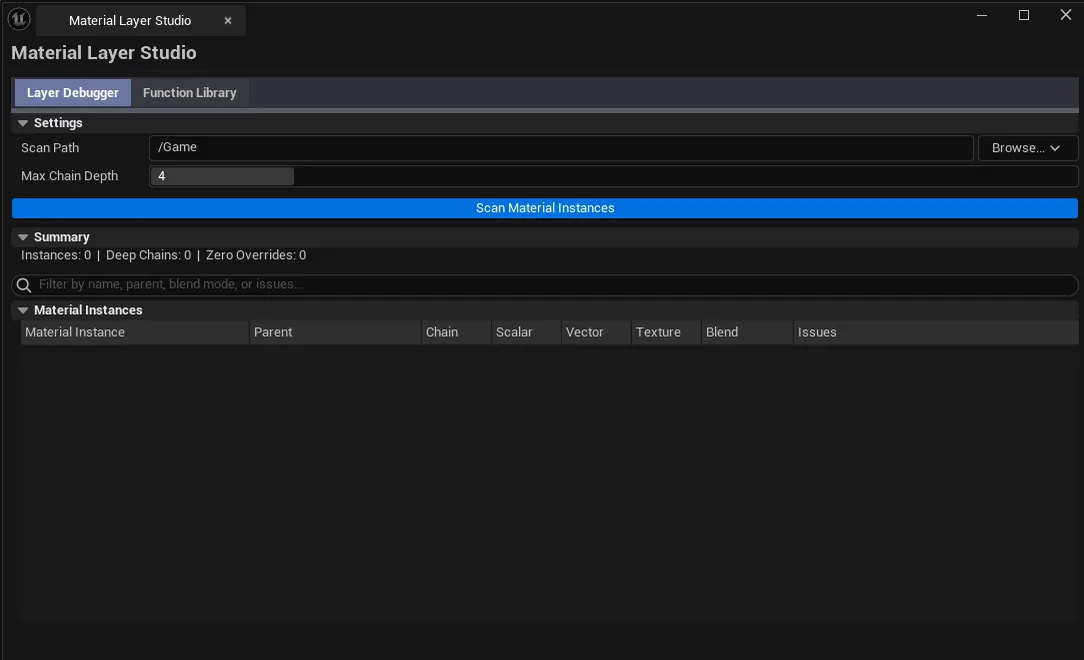 Studio open on Debugger tab with a material instance loaded, parent chain visible (3 levels deep), override count next to each level.