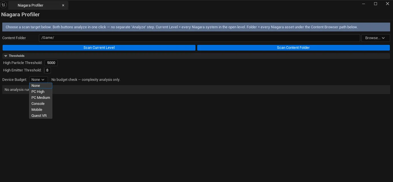 Profiler open after a project-wide scan, results list with mixed severities, Mobile device profile selected showing budget pass/fail per system.