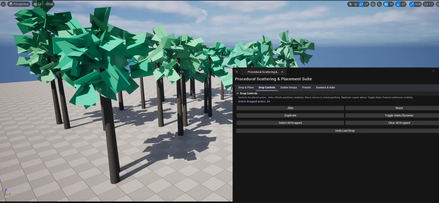 Tab 2 with several dropped actors visible in viewport, Jitter / Reset / Duplicate buttons in the panel.