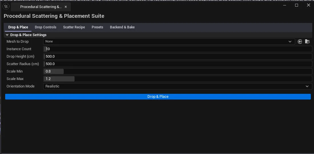 Suite open on Drop & Place tab, with several rocks scattered on a terrain via the drop, viewport visible behind.