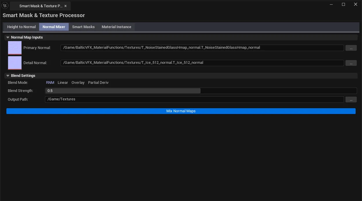 Mixer tab with two normal maps loaded (Primary + Detail), RNM blend mode selected, output configured.