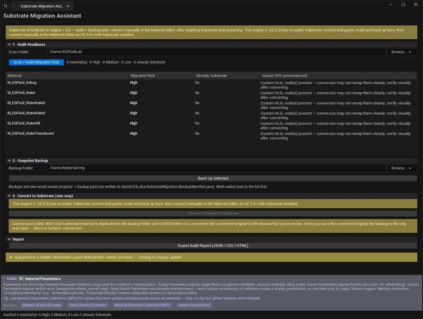 The whole workflow on the Fluid Lab water masters: audit, snapshot backup to a folder, the one-way Convert step (gated to UE 5.6+ with Substrate enabled) and the audit report export.