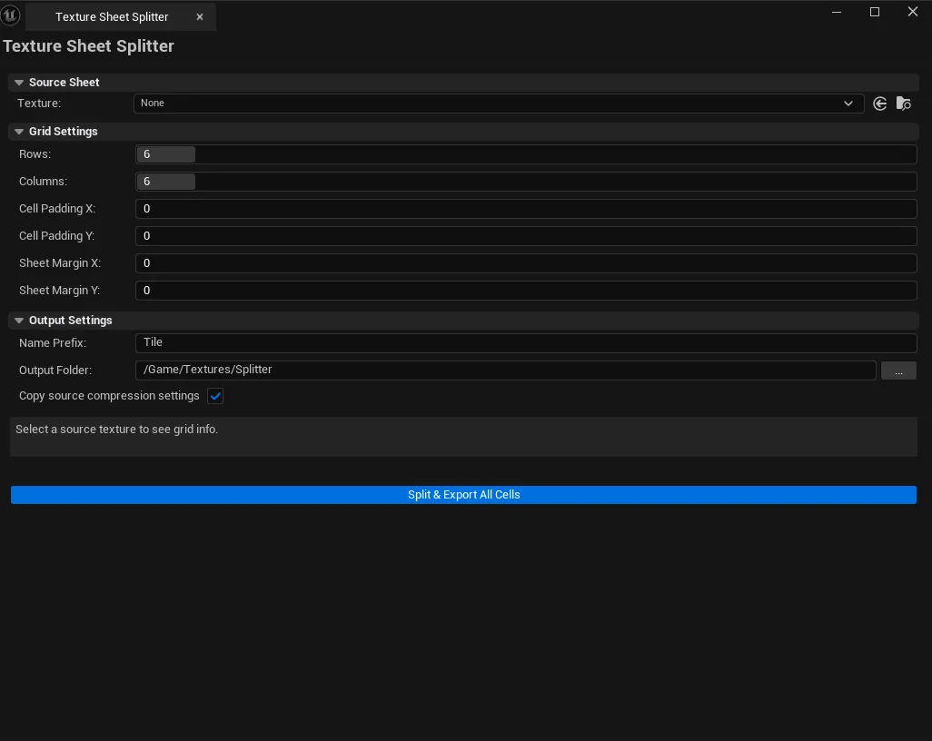 Tool open with a 4×4 sprite sheet loaded, cell preview visible, output prefix and folder configured.
