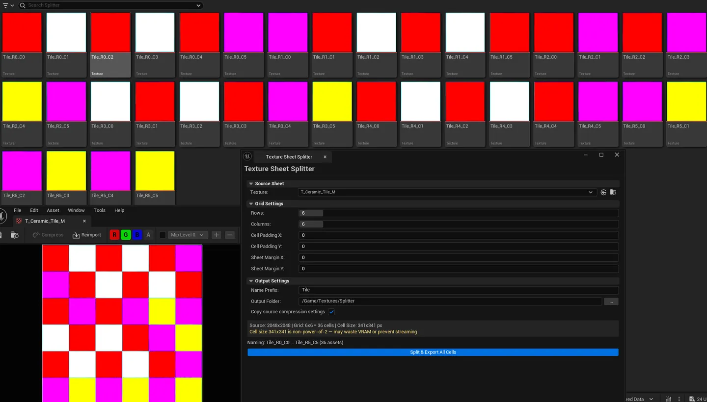 Tool with cell preview showing computed cell sizes overlaid on the source, output settings configured.