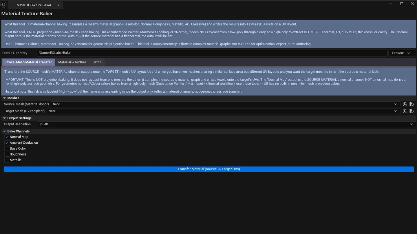 Tool open on Material → Texture tab with a static mesh selected, channel checkboxes set, output folder visible.