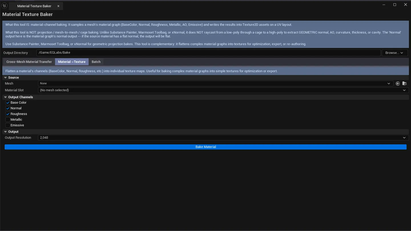 Tab 2 with a mesh selected, material slot 0, four channel checkboxes ticked, baked textures visible in the output folder.