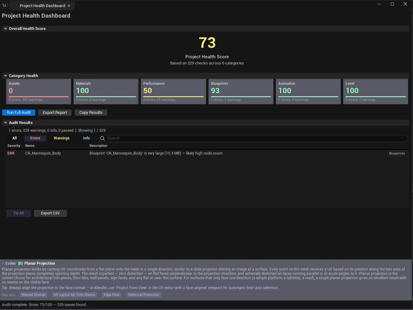 Dashboard after Run Full Audit, six category cards with mixed scores visible, results list below, overall score callout at top.