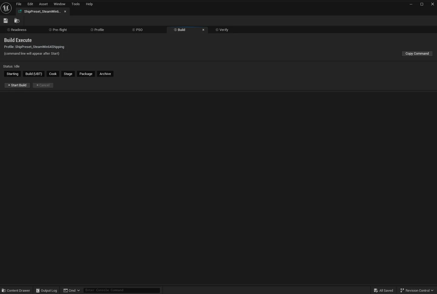 Build tab with UAT running, progress bar and live log visible, completion estimate.