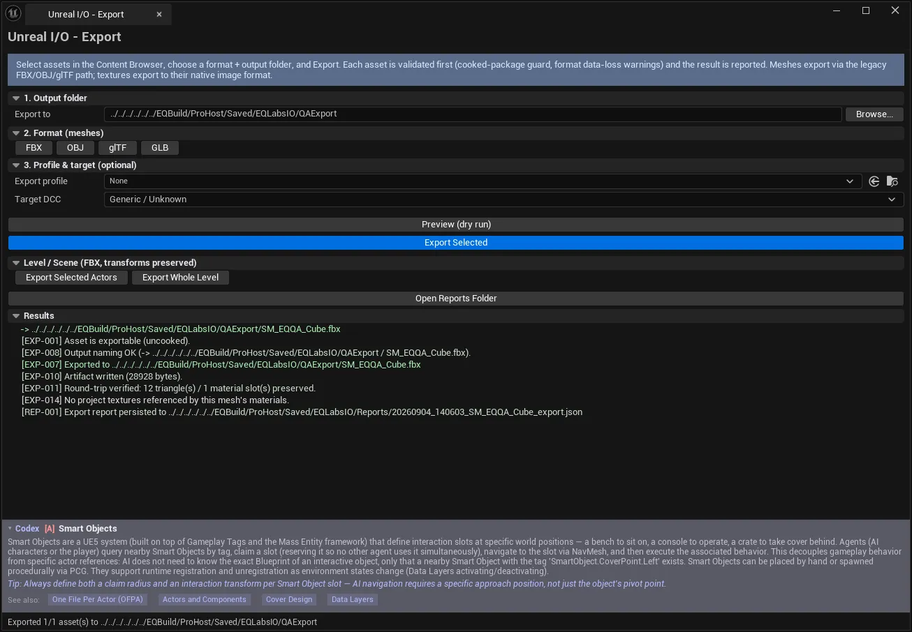The Export tab after a run: the results block lists what was written and where.
