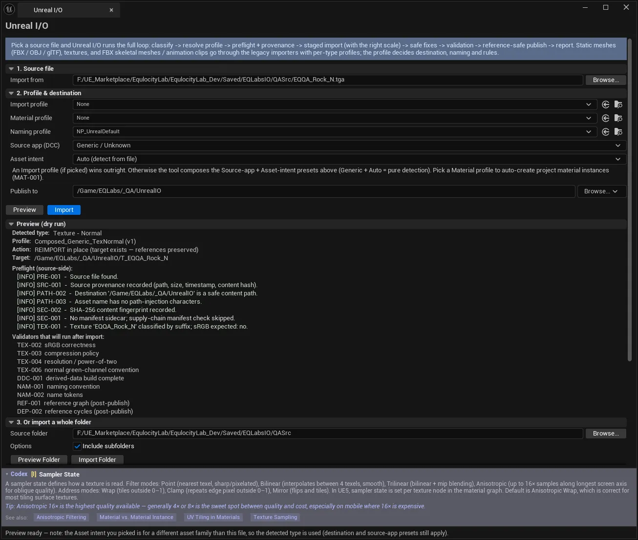 Unreal I/O with a normal-map texture selected, showing the resolved profile and destination plus a Preview dry run listing each preflight rule and the validators that will run after import.