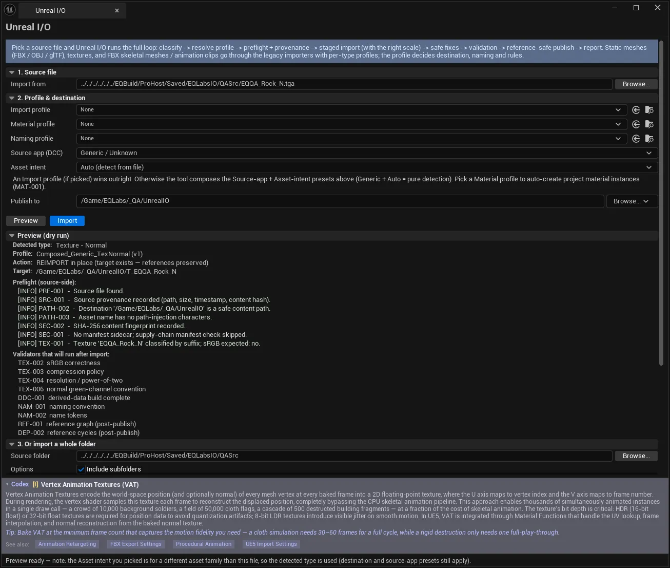 Preview (dry run) on a normal-map TGA: detected type, composed profile, the reimport action, the preflight lines with their check codes and the validators that will run after import.