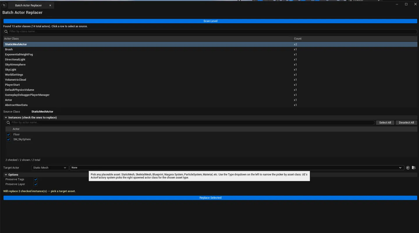 Tool with a class selected, 8 instances checked, target asset configured, Replace Selected button highlighted.