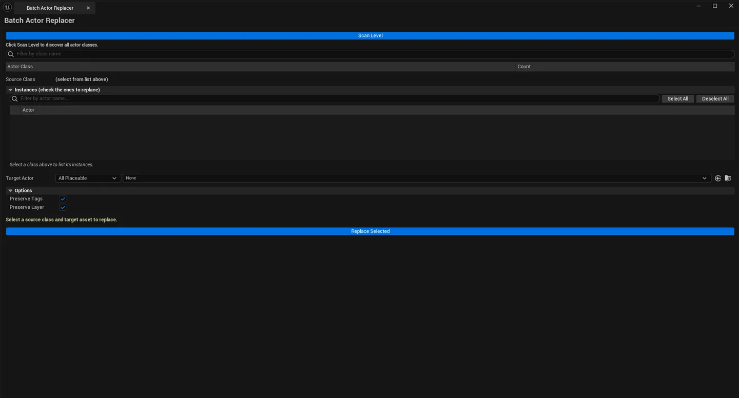 Replacer with class list on left showing scanned classes + counts, instance list on right with per-row checkboxes, target asset configured at the bottom.