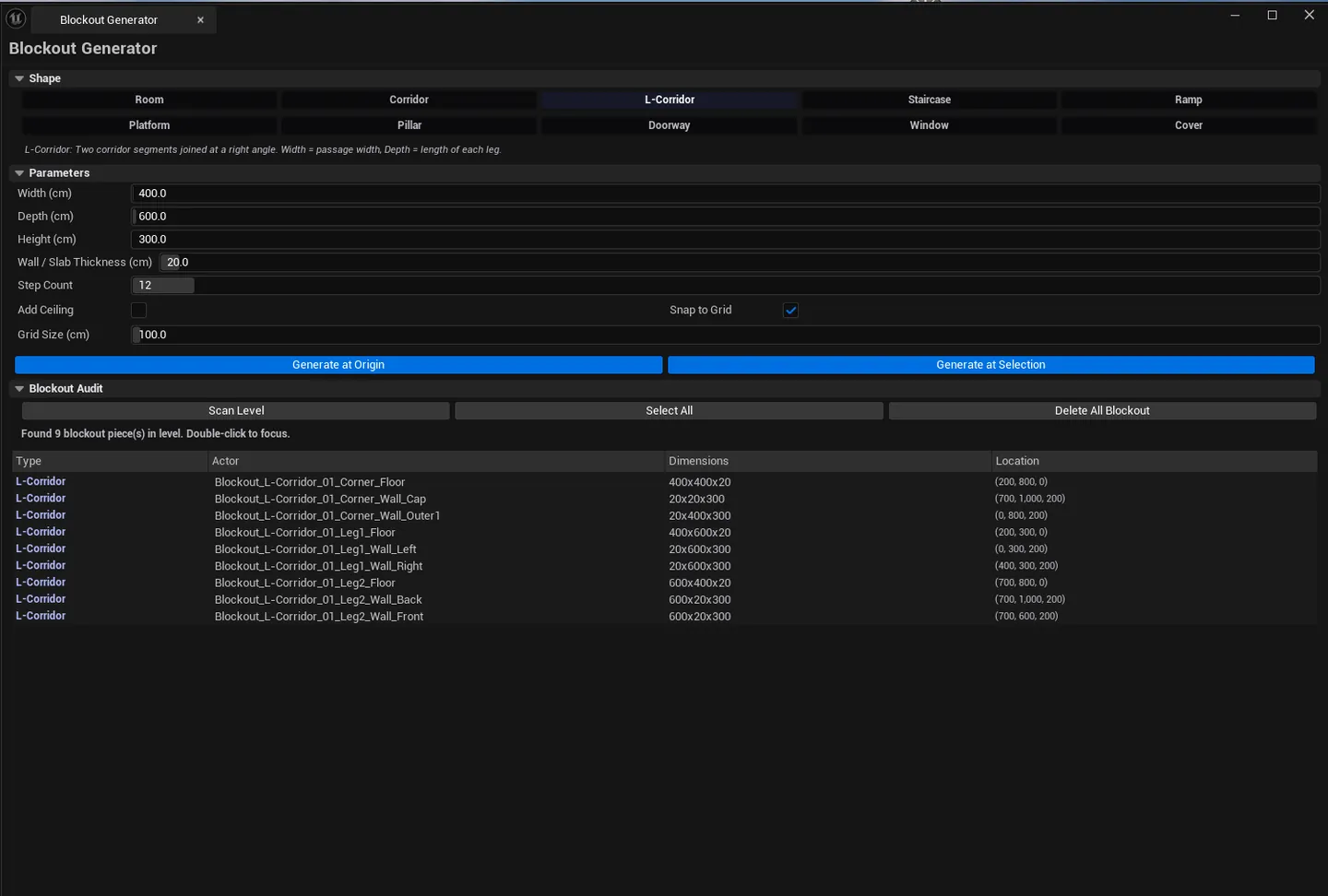Audit list with multiple blockout actors visible, mixed shape types.