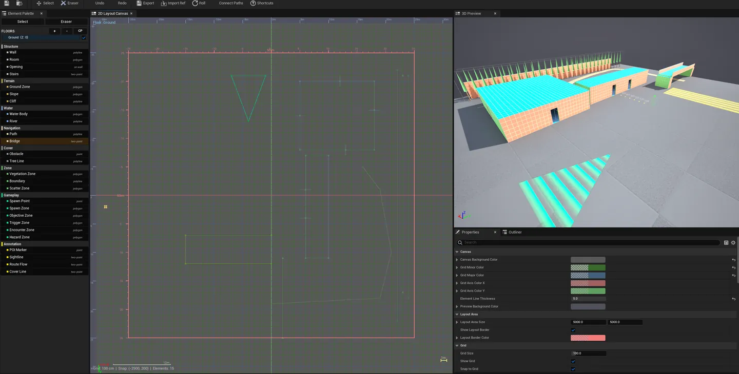 Hub launcher panel showing Create New + recent layouts list. Below: the Blockout Lab editor open with 2D canvas on left, 3D preview on right, element palette on the side.