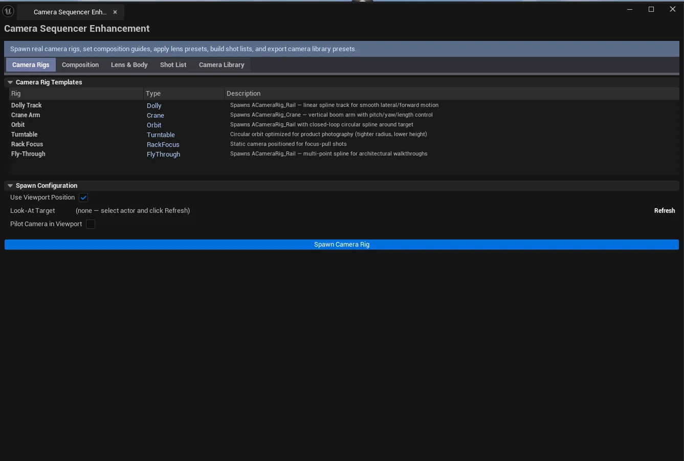 Tool open on Camera Rig Templates tab, viewport showing a spawned crane rig pointed at a target actor.