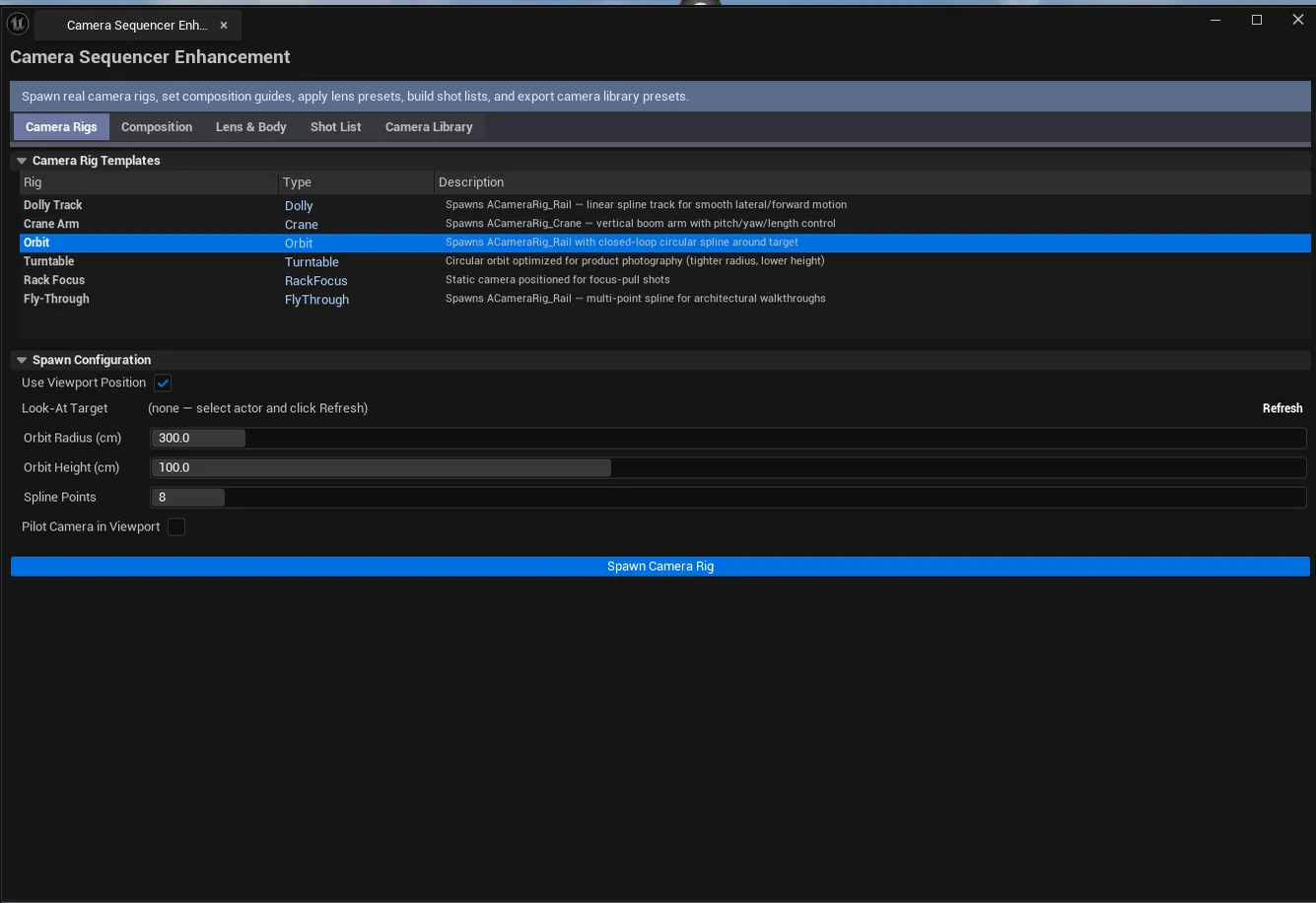 Tab 1 with rig list, spawn settings configured, viewport showing the spawned rig.