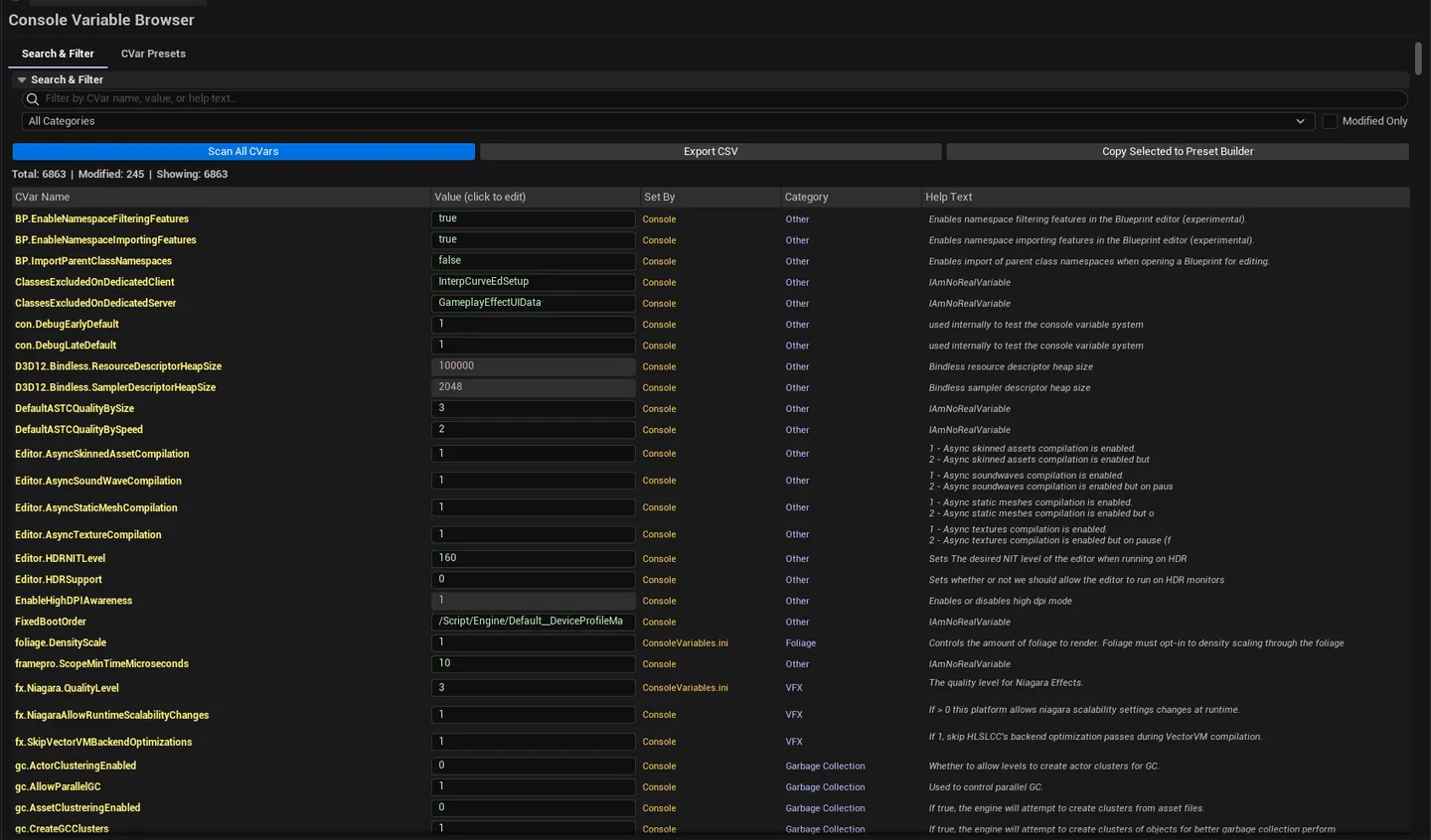 Browser open on Search tab with "Modified Only" toggled, showing several edited CVars. Tab bar visible.