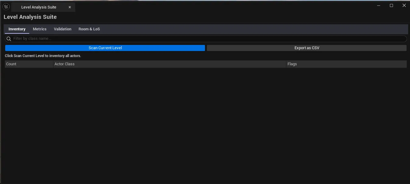 Suite open on Inventory tab with actor classes grouped, tab bar visible.