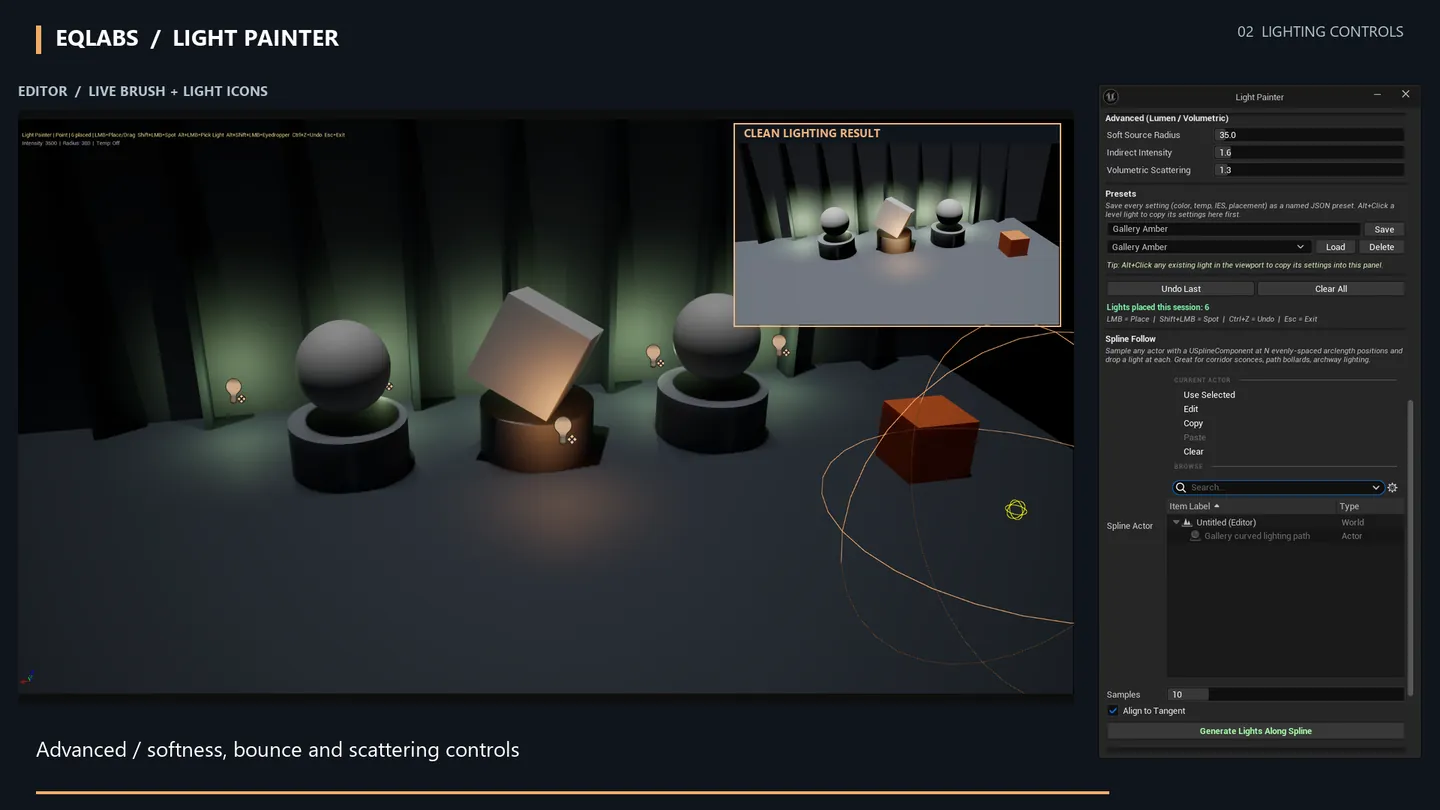 Advanced settings raising the bounce and scattering on a set of green fill lights.