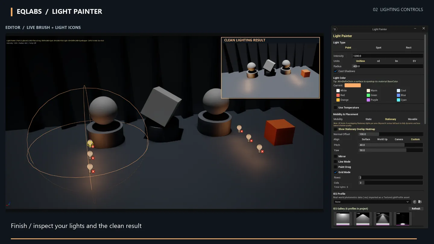 The finished pass: the painted lights in the viewport and the clean lit result in the inset.