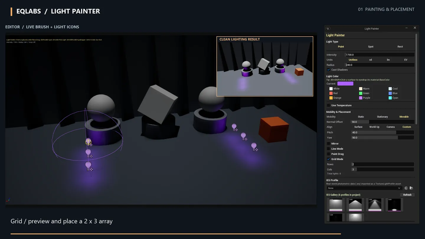 Grid mode previewing and placing a 2 × 3 array of purple point lights.